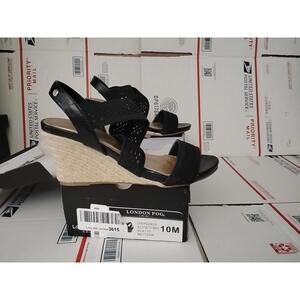 “London Fog” size 10 M , Woven Textile Sandals Pickwick BLACK Wedge Heel #00t